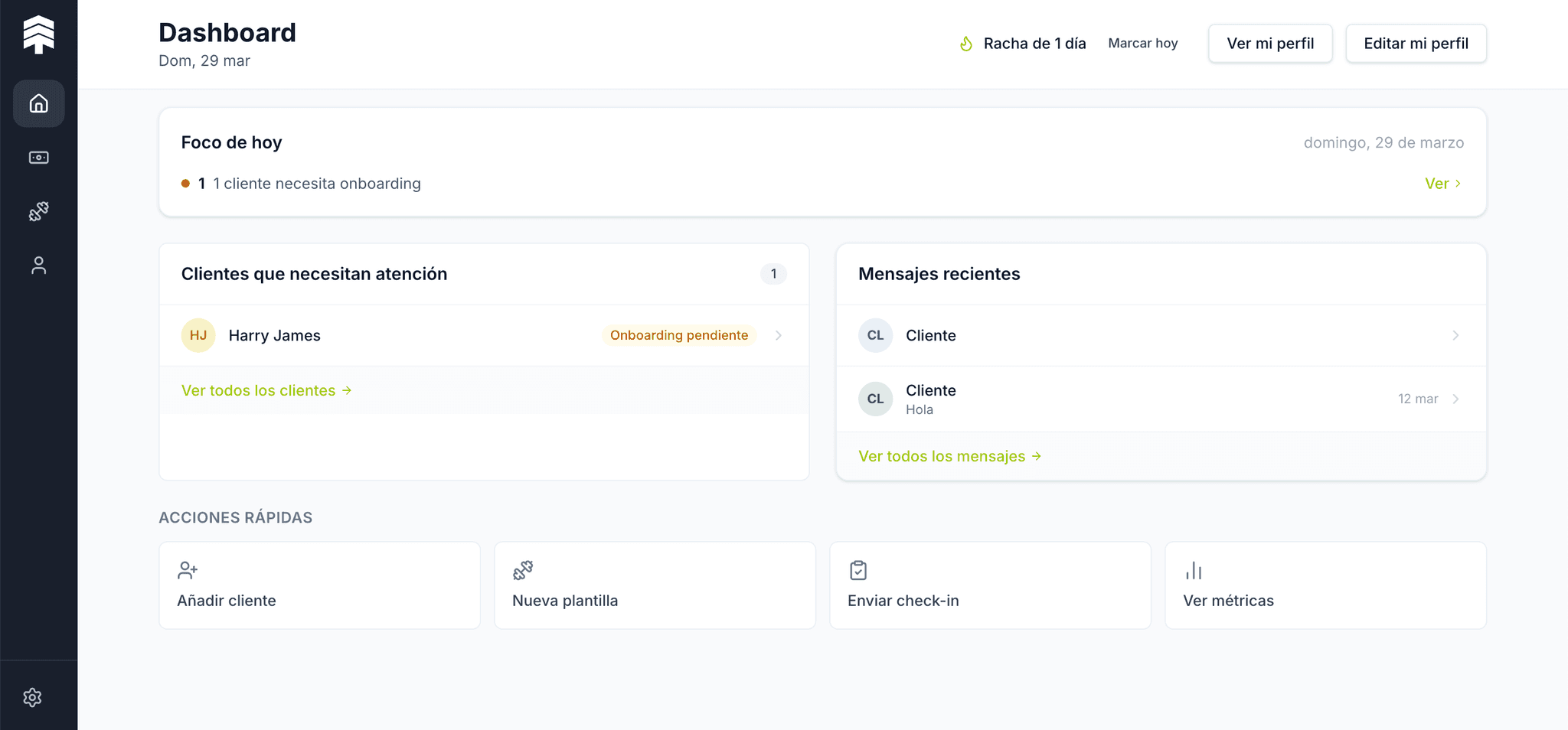 Screenshot del dashboard de FitRegion